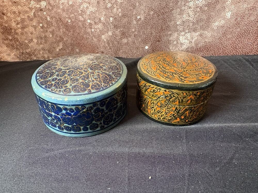 Vintage Kashmiri Papier-Mâché Trinket Boxes Hand Painted Set Of 2